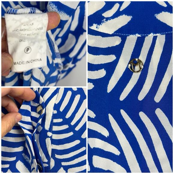 Marie Oliver Blue & White M Silk Sleeveless Midi Dress Palm Leaf Print - Picture 3 of 7